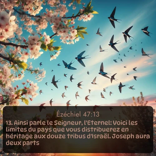 Segond Ézéchiel  ; image nature: image avec le verset biblique :Ainsi parle le Seigneur, l&#039;Eternel: Voici les limites du pays que vous distribuerez en héritage aux douze tribus d&#039;Israël. Joseph aura deux parts. ;  ; 47:13