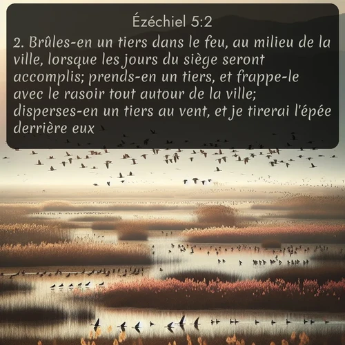 Segond Ézéchiel  ; image nature: image avec le verset biblique :Brûles-en un tiers dans le feu, au milieu de la ville, lorsque les jours du siège seront accomplis; prends-en un tiers, et frappe-le avec le rasoir tout autour de la ville; disperses-en un tiers au vent, et je tirerai l&#039;épée derrière eux. ;  ; 5:2