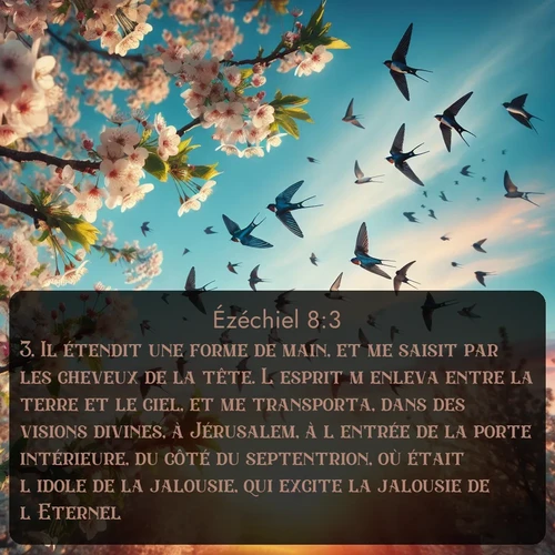Segond Ézéchiel  ; image nature: image avec le verset biblique :Il étendit une forme de main, et me saisit par les cheveux de la tête. L&#039;esprit m&#039;enleva entre la terre et le ciel, et me transporta, dans des visions divines, à Jérusalem, à l&#039;entrée de la porte intérieure, du côté du septentrion, où était l&#039;idole de la jalousie, qui excite la jalousie de l&#039;Eternel. ;  ; 8:3