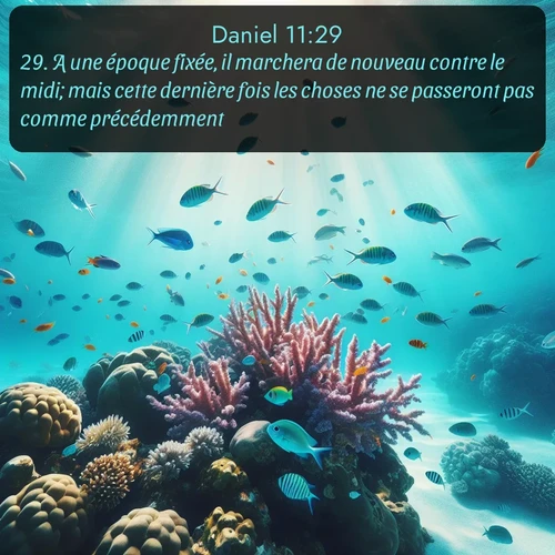 Segond Daniel  ; image nature: image avec le verset biblique :A une époque fixée, il marchera de nouveau contre le midi; mais cette dernière fois les choses ne se passeront pas comme précédemment. ;  ; 11:29