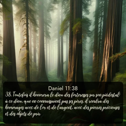 Segond Daniel  ; image nature: image avec le verset biblique :Toutefois il honorera le dieu des forteresses sur son piédestal; à ce dieu, que ne connaissaient pas ses pères, il rendra des hommages avec de l&#039;or et de l&#039;argent, avec des pierres précieuses et des objets de prix. ;  ; 11:38
