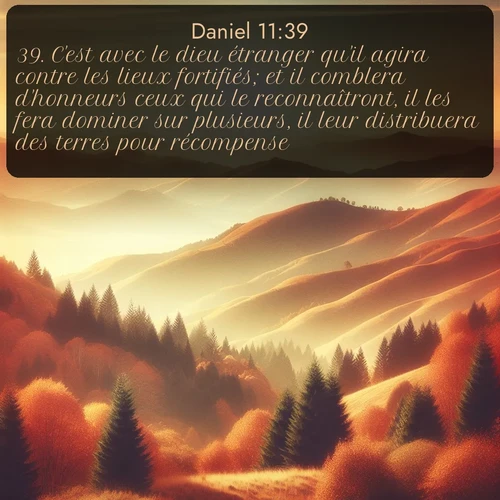 Segond Daniel  ; image nature: image avec le verset biblique :C&#039;est avec le dieu étranger qu&#039;il agira contre les lieux fortifiés; et il comblera d&#039;honneurs ceux qui le reconnaîtront, il les fera dominer sur plusieurs, il leur distribuera des terres pour récompense. ;  ; 11:39
