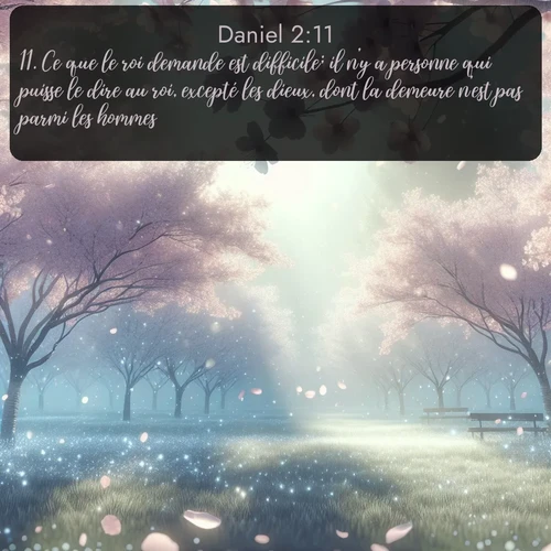 Segond Daniel  ; image nature: image avec le verset biblique :Ce que le roi demande est difficile; il n&#039;y a personne qui puisse le dire au roi, excepté les dieux, dont la demeure n&#039;est pas parmi les hommes. ;  ; 2:11