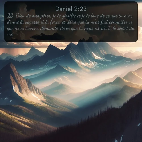 Segond Daniel  ; image nature: image avec le verset biblique :Dieu de mes pères, je te glorifie et je te loue de ce que tu m&#039;as donné la sagesse et la force, et de ce que tu m&#039;as fait connaître ce que nous t&#039;avons demandé, de ce que tu nous as révélé le secret du roi. ;  ; 2:23