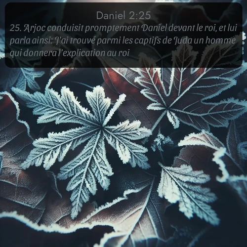 Segond Daniel  ; image nature: image avec le verset biblique :Arjoc conduisit promptement Daniel devant le roi, et lui parla ainsi: J&#039;ai trouvé parmi les captifs de Juda un homme qui donnera l&#039;explication au roi. ;  ; 2:25