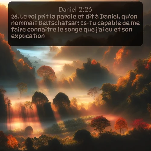 Segond Daniel  ; image nature: image avec le verset biblique :Le roi prit la parole et dit à Daniel, qu&#039;on nommait Beltschatsar: Es-tu capable de me faire connaître le songe que j&#039;ai eu et son explication? ;  ; 2:26