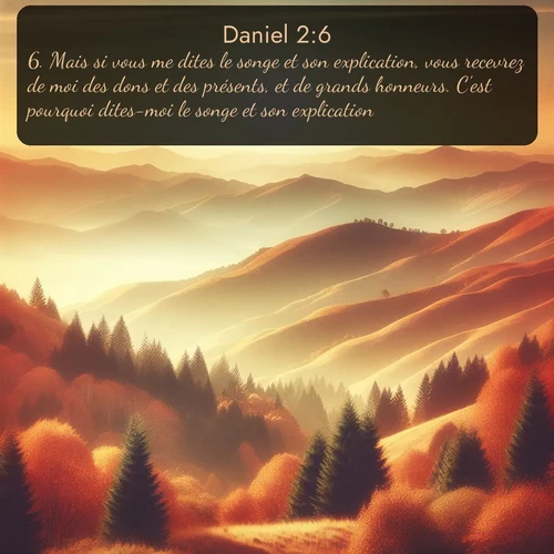 Segond Daniel  ; image nature: image avec le verset biblique :Mais si vous me dites le songe et son explication, vous recevrez de moi des dons et des présents, et de grands honneurs. C&#039;est pourquoi dites-moi le songe et son explication. ;  ; 2:6