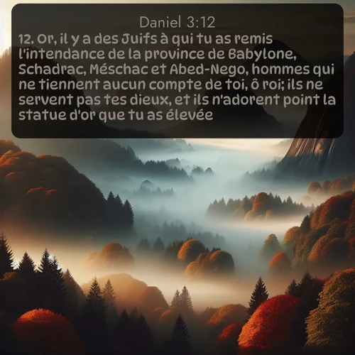 Segond Daniel  ; image nature: image avec le verset biblique :Or, il y a des Juifs à qui tu as remis l&#039;intendance de la province de Babylone, Schadrac, Méschac et Abed-Nego, hommes qui ne tiennent aucun compte de toi, ô roi; ils ne servent pas tes dieux, et ils n&#039;adorent point la statue d&#039;or que tu as élevée. ;  ; 3:12