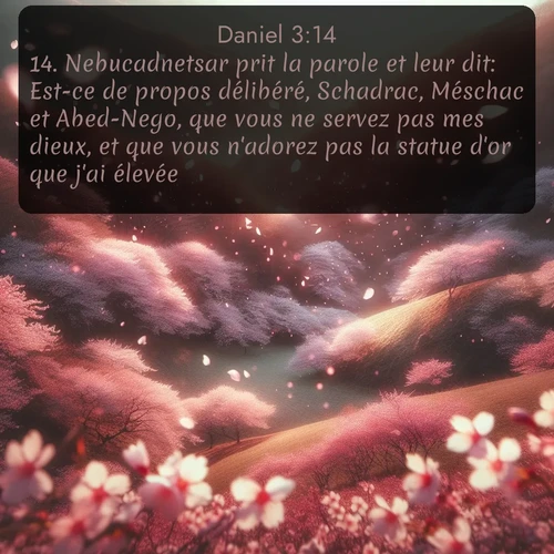 Segond Daniel  ; image nature: image avec le verset biblique :Nebucadnetsar prit la parole et leur dit: Est-ce de propos délibéré, Schadrac, Méschac et Abed-Nego, que vous ne servez pas mes dieux, et que vous n&#039;adorez pas la statue d&#039;or que j&#039;ai élevée? ;  ; 3:14