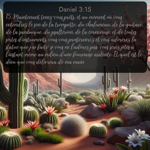 Segond Daniel  ; image nature: image avec le verset biblique :Maintenant tenez-vous prêts, et au moment où vous entendrez le son de la trompette, du chalumeau, de la guitare, de la sambuque, du psaltérion, de la cornemuse, et de toutes sortes d&#039;instruments, vous vous prosternerez et vous adorerez la statue que j&#039;ai faite; si vous ne l&#039;adorez pas, vous serez jetés à l&#039;instant même au milieu d&#039;une fournaise ardente. Et quel est le dieu qui vous délivrera de ma main? ;  ; 3:15