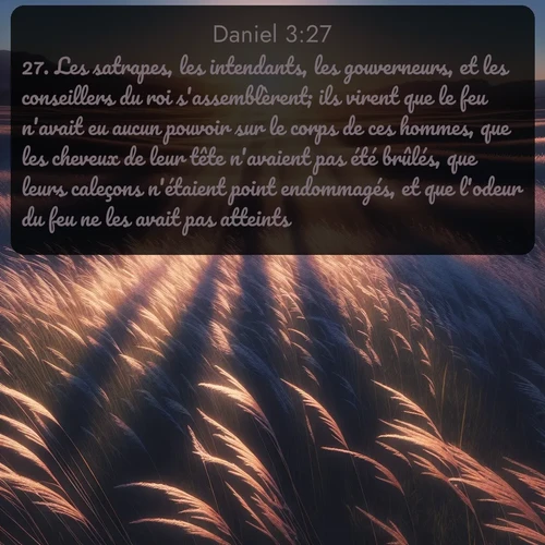 Segond Daniel  ; image nature: image avec le verset biblique :Les satrapes, les intendants, les gouverneurs, et les conseillers du roi s&#039;assemblèrent; ils virent que le feu n&#039;avait eu aucun pouvoir sur le corps de ces hommes, que les cheveux de leur tête n&#039;avaient pas été brûlés, que leurs caleçons n&#039;étaient point endommagés, et que l&#039;odeur du feu ne les avait pas atteints. ;  ; 3:27