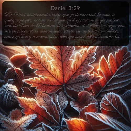 Segond Daniel  ; image nature: image avec le verset biblique :Voici maintenant l&#039;ordre que je donne: tout homme, à quelque peuple, nation ou langue qu&#039;il appartienne, qui parlera mal du Dieu de Schadrac, de Méschac et d&#039;Abed-Nego, sera mis en pièces, et sa maison sera réduite en un tas d&#039;immondices, parce qu&#039;il n&#039;y a aucun autre dieu qui puisse délivrer comme lui. ;  ; 3:29