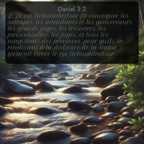 Segond Daniel  ; image nature: image avec le verset biblique :Le roi Nebucadnetsar fit convoquer les satrapes, les intendants et les gouverneurs, les grands juges, les trésoriers, les jurisconsultes, les juges, et tous les magistrats des provinces, pour qu&#039;ils se rendissent à la dédicace de la statue qu&#039;avait élevée le roi Nebucadnetsar. ;  ; 3:2