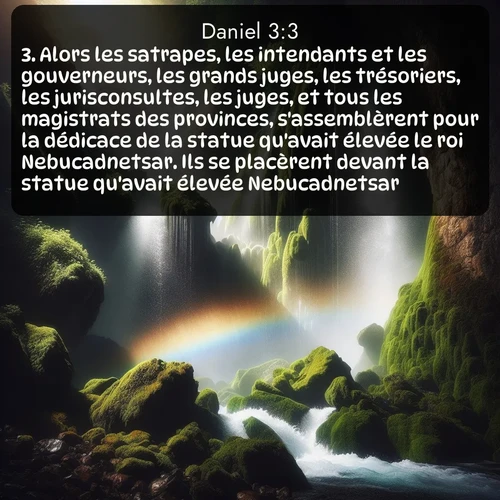 Segond Daniel  ; image nature: image avec le verset biblique :Alors les satrapes, les intendants et les gouverneurs, les grands juges, les trésoriers, les jurisconsultes, les juges, et tous les magistrats des provinces, s&#039;assemblèrent pour la dédicace de la statue qu&#039;avait élevée le roi Nebucadnetsar. Ils se placèrent devant la statue qu&#039;avait élevée Nebucadnetsar. ;  ; 3:3