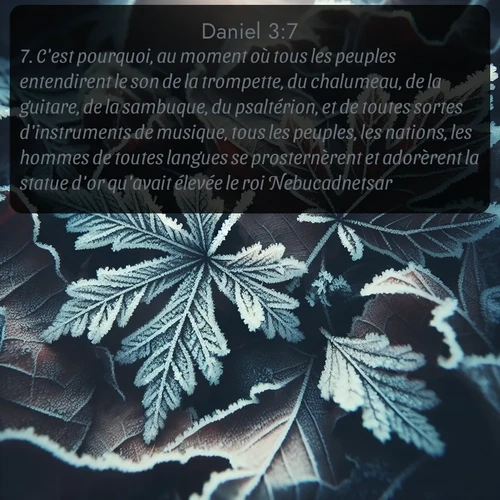 Segond Daniel  ; image nature: image avec le verset biblique :C&#039;est pourquoi, au moment où tous les peuples entendirent le son de la trompette, du chalumeau, de la guitare, de la sambuque, du psaltérion, et de toutes sortes d&#039;instruments de musique, tous les peuples, les nations, les hommes de toutes langues se prosternèrent et adorèrent la statue d&#039;or qu&#039;avait élevée le roi Nebucadnetsar. ;  ; 3:7