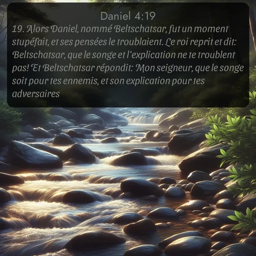Segond Daniel  ; image nature: image avec le verset biblique :Alors Daniel, nommé Beltschatsar, fut un moment stupéfait, et ses pensées le troublaient. Le roi reprit et dit: Beltschatsar, que le songe et l&#039;explication ne te troublent pas! Et Beltschatsar répondit: Mon seigneur, que le songe soit pour tes ennemis, et son explication pour tes adversaires! ;  ; 4:19
