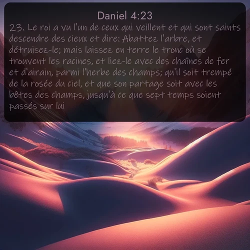 Segond Daniel  ; image nature: image avec le verset biblique :Le roi a vu l&#039;un de ceux qui veillent et qui sont saints descendre des cieux et dire: Abattez l&#039;arbre, et détruisez-le; mais laissez en terre le tronc où se trouvent les racines, et liez-le avec des chaînes de fer et d&#039;airain, parmi l&#039;herbe des champs; qu&#039;il soit trempé de la rosée du ciel, et que son partage soit avec les bêtes des champs, jusqu&#039;à ce que sept temps soient passés sur lui. ;  ; 4:23