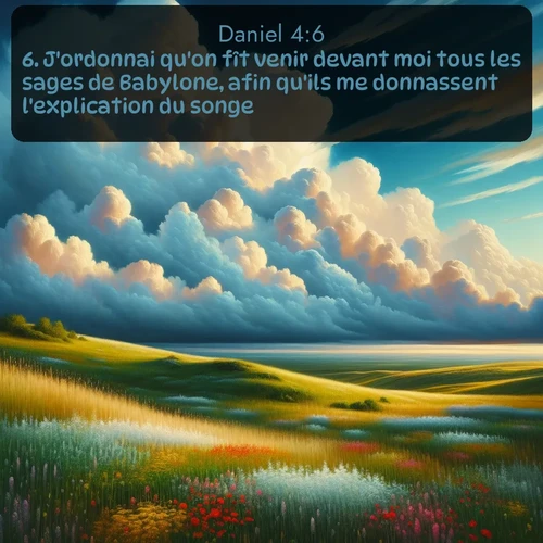 Segond Daniel  ; image nature: image avec le verset biblique :J&#039;ordonnai qu&#039;on fît venir devant moi tous les sages de Babylone, afin qu&#039;ils me donnassent l&#039;explication du songe. ;  ; 4:6