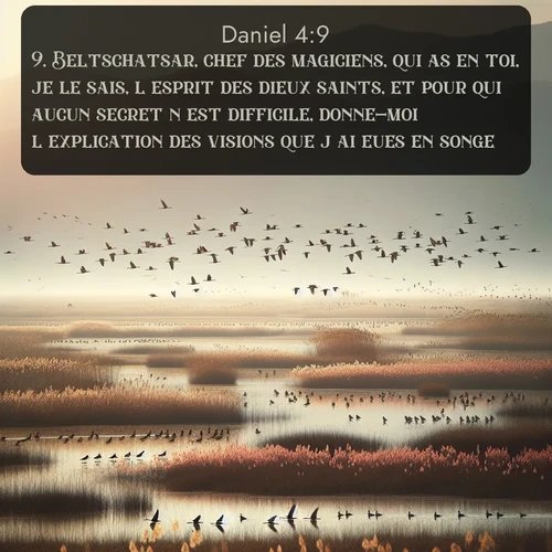 Segond Daniel  ; image nature: image avec le verset biblique :Beltschatsar, chef des magiciens, qui as en toi, je le sais, l&#039;esprit des dieux saints, et pour qui aucun secret n&#039;est difficile, donne-moi l&#039;explication des visions que j&#039;ai eues en songe. ;  ; 4:9