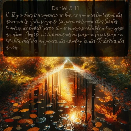 Segond Daniel  ; image nature: image avec le verset biblique :Il y a dans ton royaume un homme qui a en lui l&#039;esprit des dieux saints; et du temps de ton père, on trouva chez lui des lumières, de l&#039;intelligence, et une sagesse semblable à la sagesse des dieux. Aussi le roi Nebucadnetsar, ton père, le roi, ton père, l&#039;établit chef des magiciens, des astrologues, des Chaldéens, des devins, ;  ; 5:11