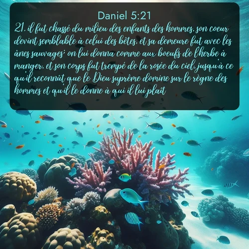 Segond Daniel  ; image nature: image avec le verset biblique :il fut chassé du milieu des enfants des hommes, son coeur devint semblable à celui des bêtes, et sa demeure fut avec les ânes sauvages; on lui donna comme aux boeufs de l&#039;herbe à manger, et son corps fut trempé de la rosée du ciel, jusqu&#039;à ce qu&#039;il reconnût que le Dieu suprême domine sur le règne des hommes et qu&#039;il le donne à qui il lui plaît. ;  ; 5:21