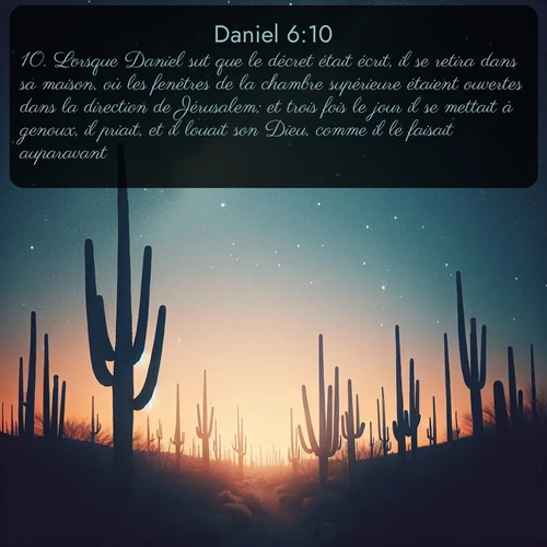Segond Daniel  ; image nature: image avec le verset biblique :Lorsque Daniel sut que le décret était écrit, il se retira dans sa maison, où les fenêtres de la chambre supérieure étaient ouvertes dans la direction de Jérusalem; et trois fois le jour il se mettait à genoux, il priait, et il louait son Dieu, comme il le faisait auparavant. ;  ; 6:10