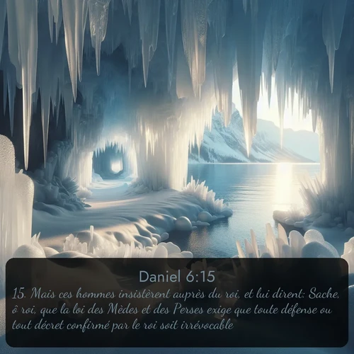 Segond Daniel  ; image nature: image avec le verset biblique :Mais ces hommes insistèrent auprès du roi, et lui dirent: Sache, ô roi, que la loi des Mèdes et des Perses exige que toute défense ou tout décret confirmé par le roi soit irrévocable. ;  ; 6:15