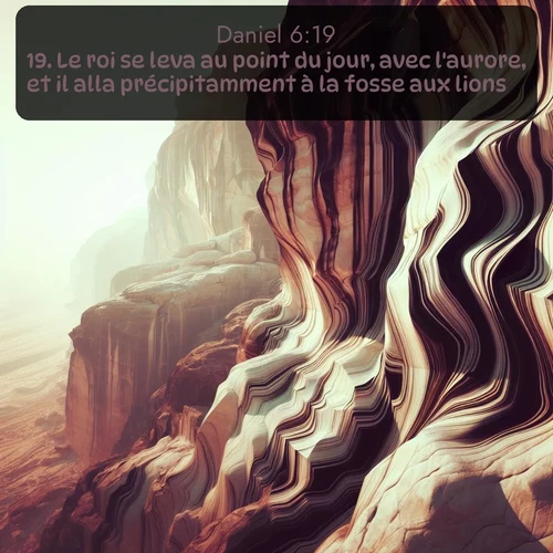 Segond Daniel  ; image nature: image avec le verset biblique :Le roi se leva au point du jour, avec l&#039;aurore, et il alla précipitamment à la fosse aux lions. ;  ; 6:19