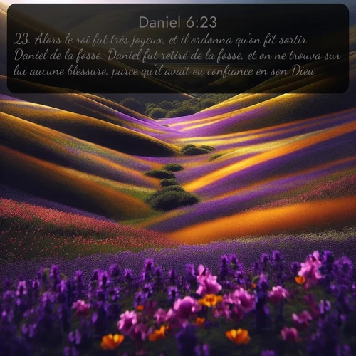 Segond Daniel  ; image nature: image avec le verset biblique :Alors le roi fut très joyeux, et il ordonna qu&#039;on fît sortir Daniel de la fosse. Daniel fut retiré de la fosse, et on ne trouva sur lui aucune blessure, parce qu&#039;il avait eu confiance en son Dieu. ;  ; 6:23