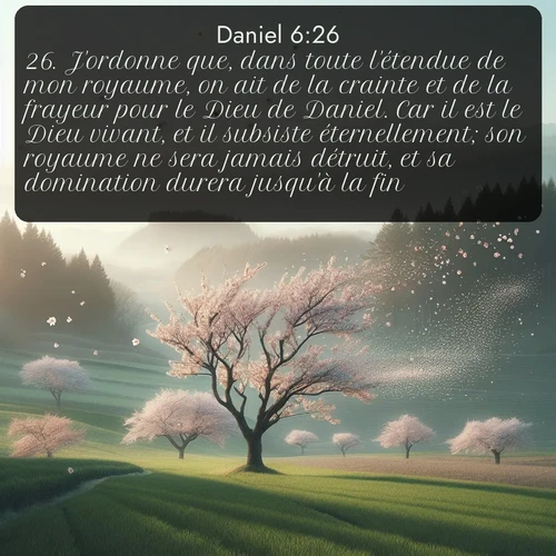 Segond Daniel  ; image nature: image avec le verset biblique :J&#039;ordonne que, dans toute l&#039;étendue de mon royaume, on ait de la crainte et de la frayeur pour le Dieu de Daniel. Car il est le Dieu vivant, et il subsiste éternellement; son royaume ne sera jamais détruit, et sa domination durera jusqu&#039;à la fin. ;  ; 6:26