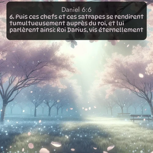 Segond Daniel  ; image nature: image avec le verset biblique :Puis ces chefs et ces satrapes se rendirent tumultueusement auprès du roi, et lui parlèrent ainsi: Roi Darius, vis éternellement! ;  ; 6:6