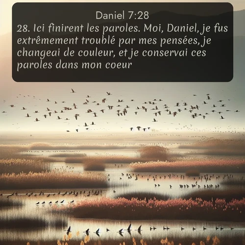 Segond Daniel  ; image nature: image avec le verset biblique :Ici finirent les paroles. Moi, Daniel, je fus extrêmement troublé par mes pensées, je changeai de couleur, et je conservai ces paroles dans mon coeur. ;  ; 7:28