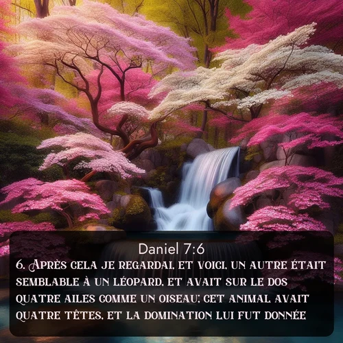 Segond Daniel  ; image nature: image avec le verset biblique :Après cela je regardai, et voici, un autre était semblable à un léopard, et avait sur le dos quatre ailes comme un oiseau; cet animal avait quatre têtes, et la domination lui fut donnée. ;  ; 7:6