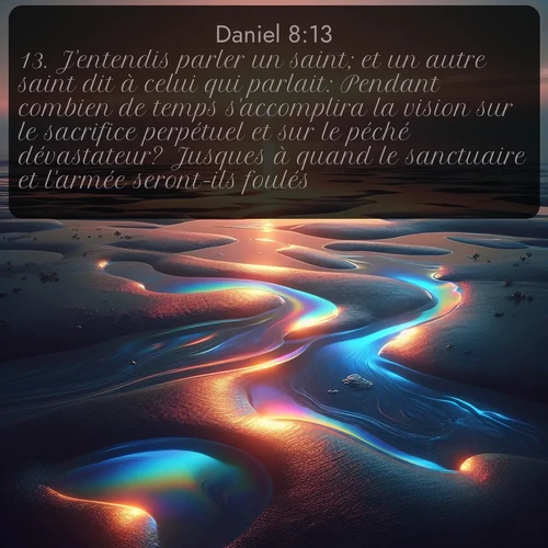 Segond Daniel  ; image nature: image avec le verset biblique :J&#039;entendis parler un saint; et un autre saint dit à celui qui parlait: Pendant combien de temps s&#039;accomplira la vision sur le sacrifice perpétuel et sur le péché dévastateur? Jusques à quand le sanctuaire et l&#039;armée seront-ils foulés? ;  ; 8:13
