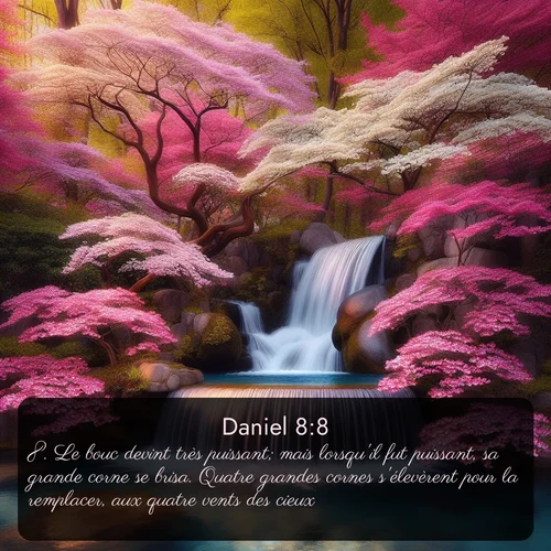 Segond Daniel  ; image nature: image avec le verset biblique :Le bouc devint très puissant; mais lorsqu&#039;il fut puissant, sa grande corne se brisa. Quatre grandes cornes s&#039;élevèrent pour la remplacer, aux quatre vents des cieux. ;  ; 8:8