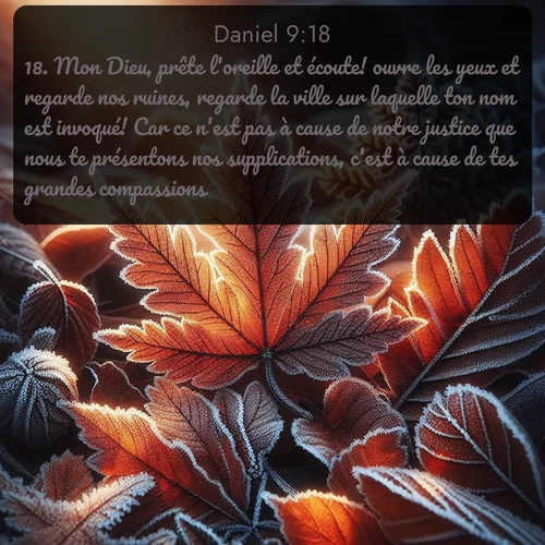 Segond Daniel  ; image nature: image avec le verset biblique :Mon Dieu, prête l&#039;oreille et écoute! ouvre les yeux et regarde nos ruines, regarde la ville sur laquelle ton nom est invoqué! Car ce n&#039;est pas à cause de notre justice que nous te présentons nos supplications, c&#039;est à cause de tes grandes compassions. ;  ; 9:18