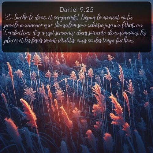 Segond Daniel  ; image nature: image avec le verset biblique :Sache-le donc, et comprends! Depuis le moment où la parole a annoncé que Jérusalem sera rebâtie jusqu&#039;à l&#039;Oint, au Conducteur, il y a sept semaines; dans soixante-deux semaines, les places et les fossés seront rétablis, mais en des temps fâcheux. ;  ; 9:25