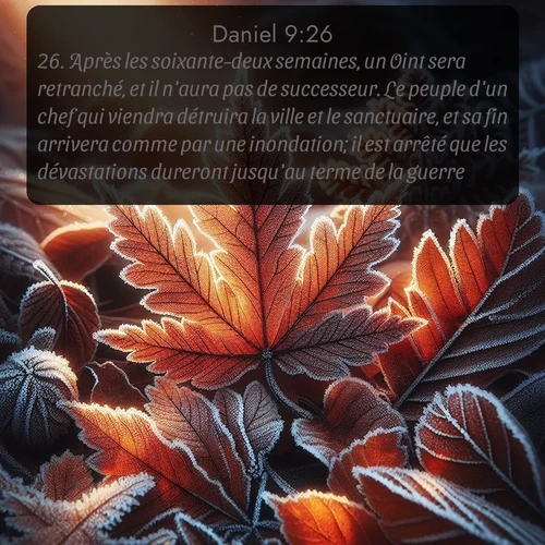 Segond Daniel  ; image nature: image avec le verset biblique :Après les soixante-deux semaines, un Oint sera retranché, et il n&#039;aura pas de successeur. Le peuple d&#039;un chef qui viendra détruira la ville et le sanctuaire, et sa fin arrivera comme par une inondation; il est arrêté que les dévastations dureront jusqu&#039;au terme de la guerre. ;  ; 9:26