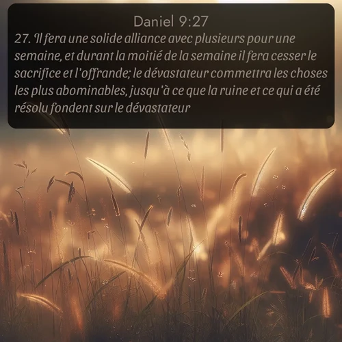Segond Daniel  ; image nature: image avec le verset biblique :Il fera une solide alliance avec plusieurs pour une semaine, et durant la moitié de la semaine il fera cesser le sacrifice et l&#039;offrande; le dévastateur commettra les choses les plus abominables, jusqu&#039;à ce que la ruine et ce qui a été résolu fondent sur le dévastateur. ;  ; 9:27