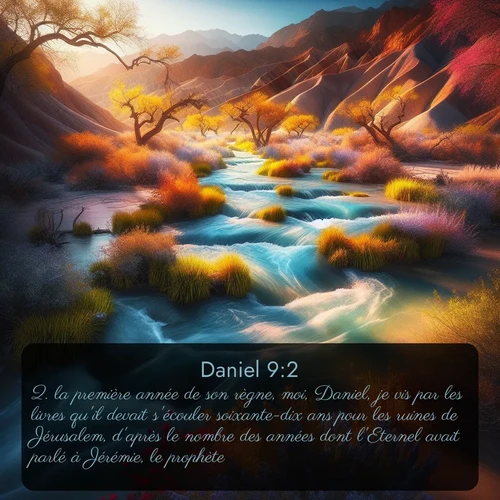 Segond Daniel  ; image nature: image avec le verset biblique :la première année de son règne, moi, Daniel, je vis par les livres qu&#039;il devait s&#039;écouler soixante-dix ans pour les ruines de Jérusalem, d&#039;après le nombre des années dont l&#039;Eternel avait parlé à Jérémie, le prophète. ;  ; 9:2
