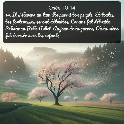 Segond Osée  ; image nature: image avec le verset biblique :Il s&#039;élèvera un tumulte parmi ton peuple, Et toutes tes forteresses seront détruites, Comme fut détruite Schalman Beth-Arbel, Au jour de la guerre, Où la mère fut écrasée avec les enfants. ;  ; 10:14