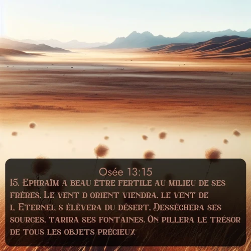 Segond Osée  ; image nature: image avec le verset biblique :Ephraïm a beau être fertile au milieu de ses frères, Le vent d&#039;orient viendra, le vent de l&#039;Eternel s&#039;élèvera du désert, Desséchera ses sources, tarira ses fontaines. On pillera le trésor de tous les objets précieux. ;  ; 13:15