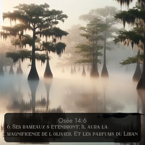 Segond Osée  ; image nature: image avec le verset biblique :Ses rameaux s&#039;étendront; Il aura la magnificence de l&#039;olivier, Et les parfums du Liban. ;  ; 14:6