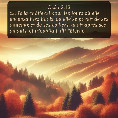 Segond Osée  ; image nature: image avec le verset biblique :Je la châtierai pour les jours où elle encensait les Baals, où elle se paraît de ses anneaux et de ses colliers, allait après ses amants, et m&#039;oubliait, dit l&#039;Eternel. ;  ; 2:13