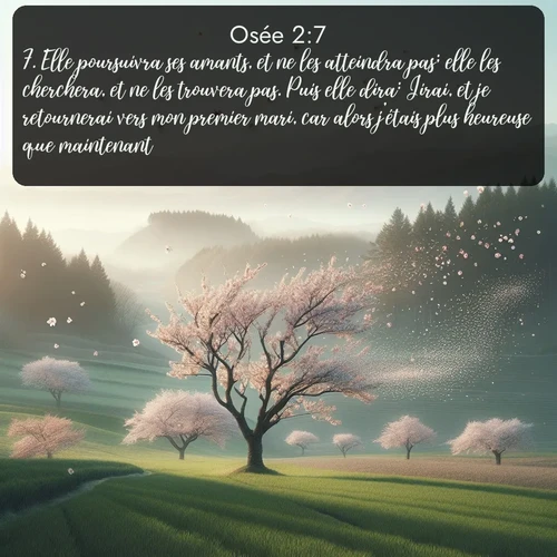 Segond Osée  ; image nature: image avec le verset biblique :Elle poursuivra ses amants, et ne les atteindra pas; elle les cherchera, et ne les trouvera pas. Puis elle dira: J&#039;irai, et je retournerai vers mon premier mari, car alors j&#039;étais plus heureuse que maintenant. ;  ; 2:7
