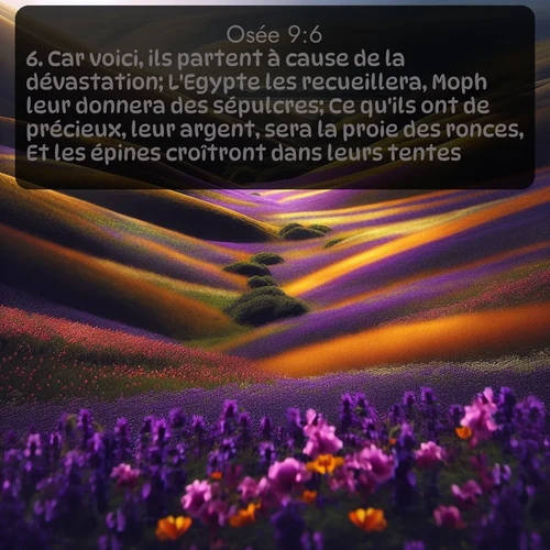 Segond Osée  ; image nature: image avec le verset biblique :Car voici, ils partent à cause de la dévastation; L&#039;Egypte les recueillera, Moph leur donnera des sépulcres; Ce qu&#039;ils ont de précieux, leur argent, sera la proie des ronces, Et les épines croîtront dans leurs tentes. ;  ; 9:6