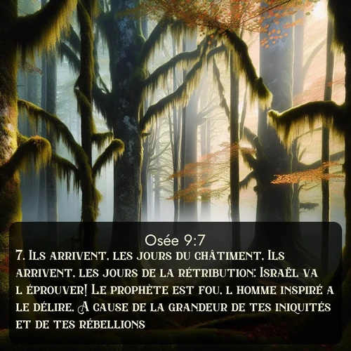 Segond Osée  ; image nature: image avec le verset biblique :Ils arrivent, les jours du châtiment, Ils arrivent, les jours de la rétribution: Israël va l&#039;éprouver! Le prophète est fou, l&#039;homme inspiré a le délire, A cause de la grandeur de tes iniquités et de tes rébellions. ;  ; 9:7
