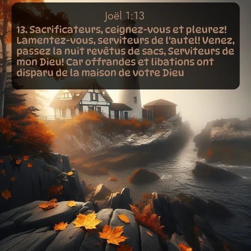 Segond Joël  ; image nature: image avec le verset biblique :Sacrificateurs, ceignez-vous et pleurez! Lamentez-vous, serviteurs de l&#039;autel! Venez, passez la nuit revêtus de sacs, Serviteurs de mon Dieu! Car offrandes et libations ont disparu de la maison de votre Dieu. ;  ; 1:13