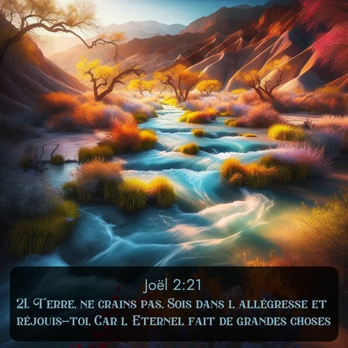 Segond Joël  ; image nature: image avec le verset biblique :Terre, ne crains pas, Sois dans l&#039;allégresse et réjouis-toi, Car l&#039;Eternel fait de grandes choses! ;  ; 2:21