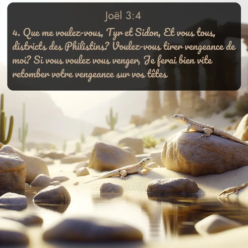 Segond Joël  ; image nature: image avec le verset biblique :Que me voulez-vous, Tyr et Sidon, Et vous tous, districts des Philistins? Voulez-vous tirer vengeance de moi? Si vous voulez vous venger, Je ferai bien vite retomber votre vengeance sur vos têtes. ;  ; 3:4